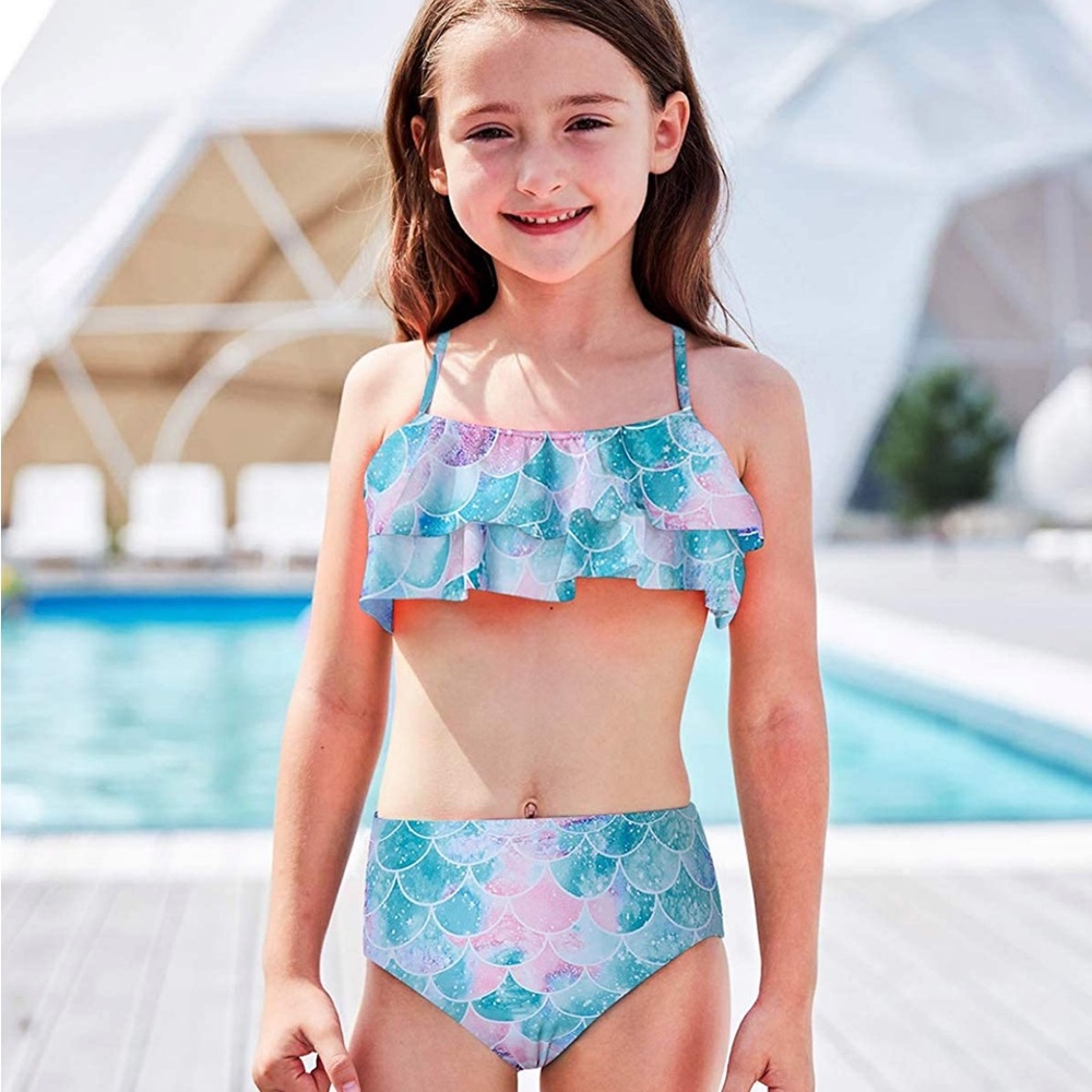 NEW! 2 Piece Mermaid Swimsuit Cute Ruffles Adjustable Swimwear Blue Pink Size 8